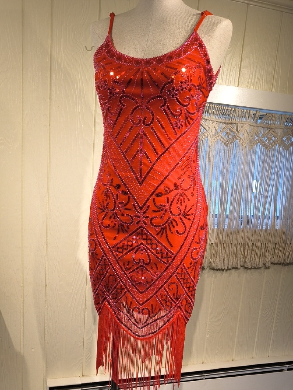 Red Beaded Fringe Mini Dress